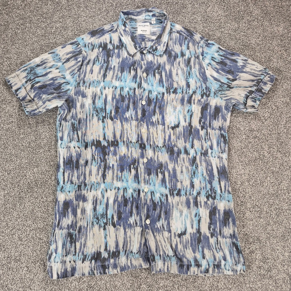 Baird McNutt Murano 100% Linen Shirt Mens Medium Blue Slim Fit Ikat Print‎